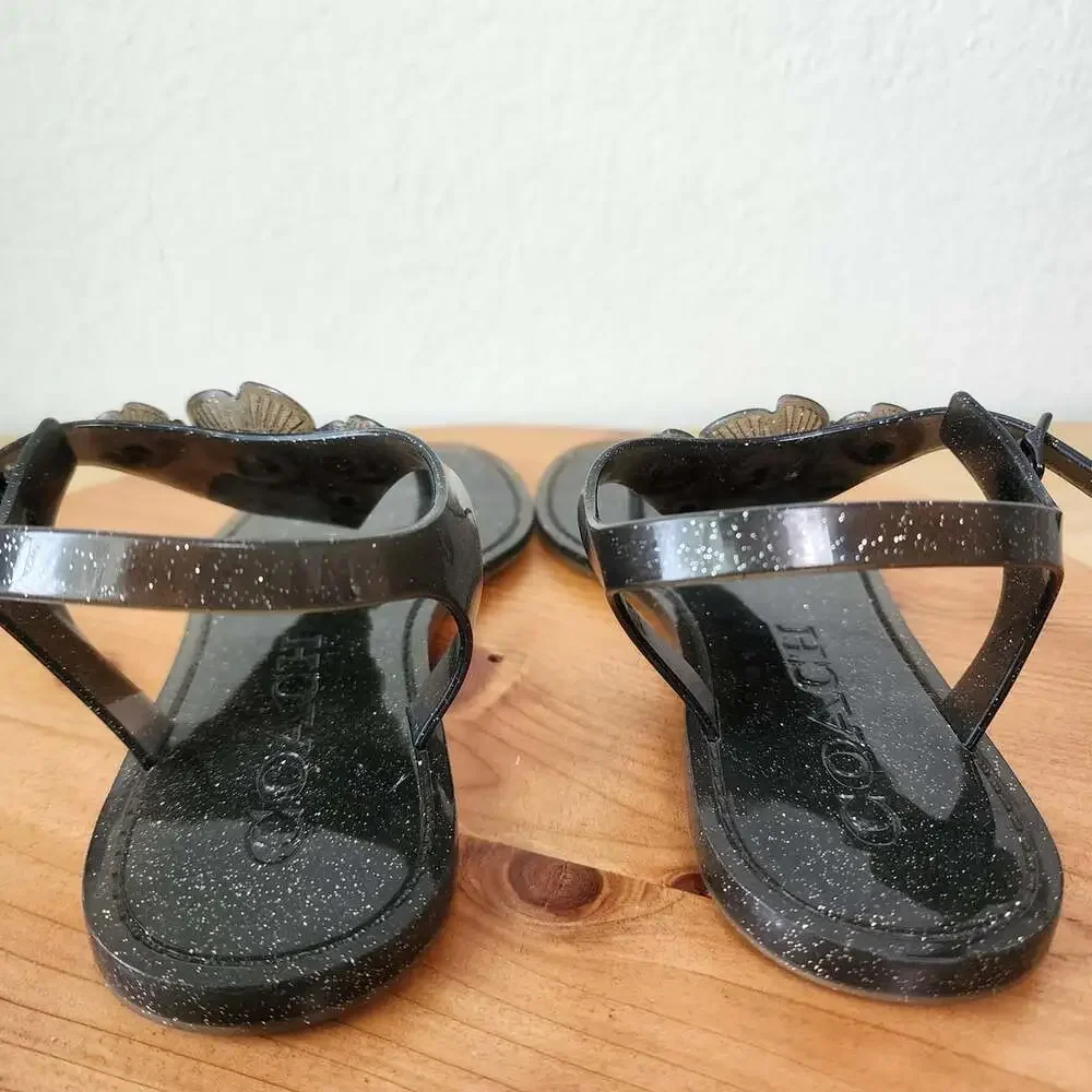 Coach Sandals Womens Size 8 Black Jelly Floral Thong Glitter Strap Logo